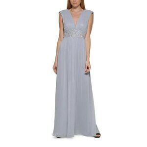 NWTD ELIZA J Size 6 Silver Beaded Zippered Tie Back Evening Gown Dress MSRP$198